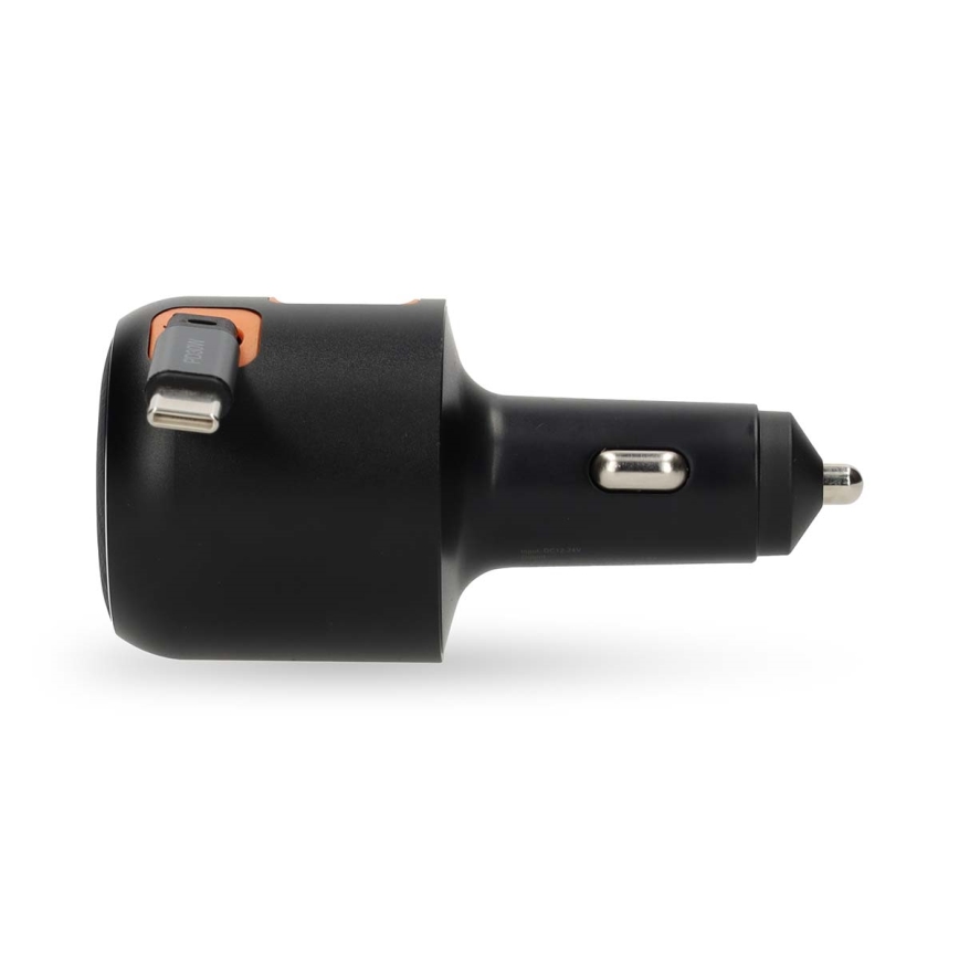 Tehokas autolaturi sisäänvedettävällä kaapelilla – Power Delivery 30 W, 2x USB-C + 1x USB-A