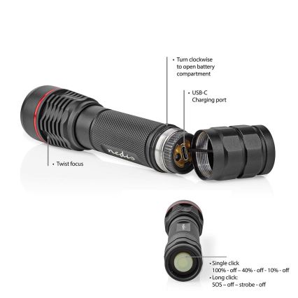 Himmennettävä ladattava alumiininen LED-taskulamppu LED/10W/5V 2200 mAh IPX7 musta