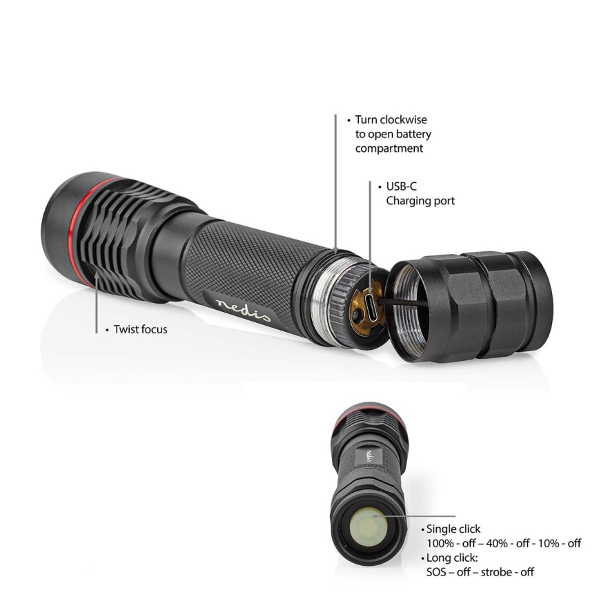 Himmennettävä ladattava alumiininen LED-taskulamppu LED/10W/5V 2200 mAh IPX7 musta
