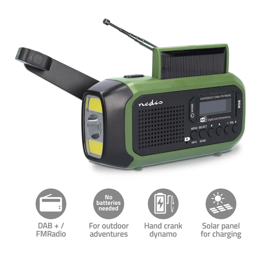 DAB+/FM-radio veivillä, aurinkopaneelilla ja LED-valolla, 5V/2500 mAh, vihreä/musta