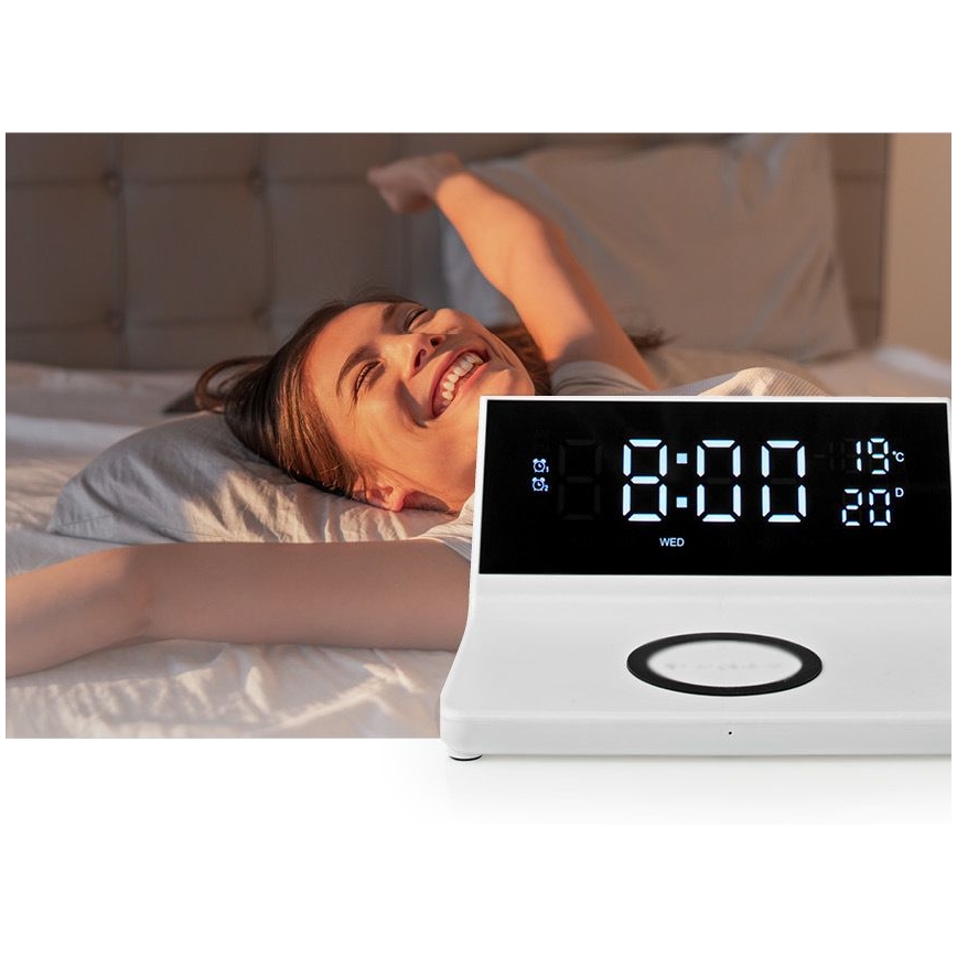 Herätyskello LCD-näytöllä ja langattomalla 15W/5V laturilla + 1xCR2032 valkoinen