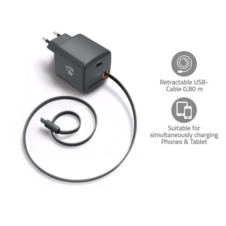 Kelautuvalla kaapelilla varustettu Power Delivery 65W 2× USB-C -laturi, musta