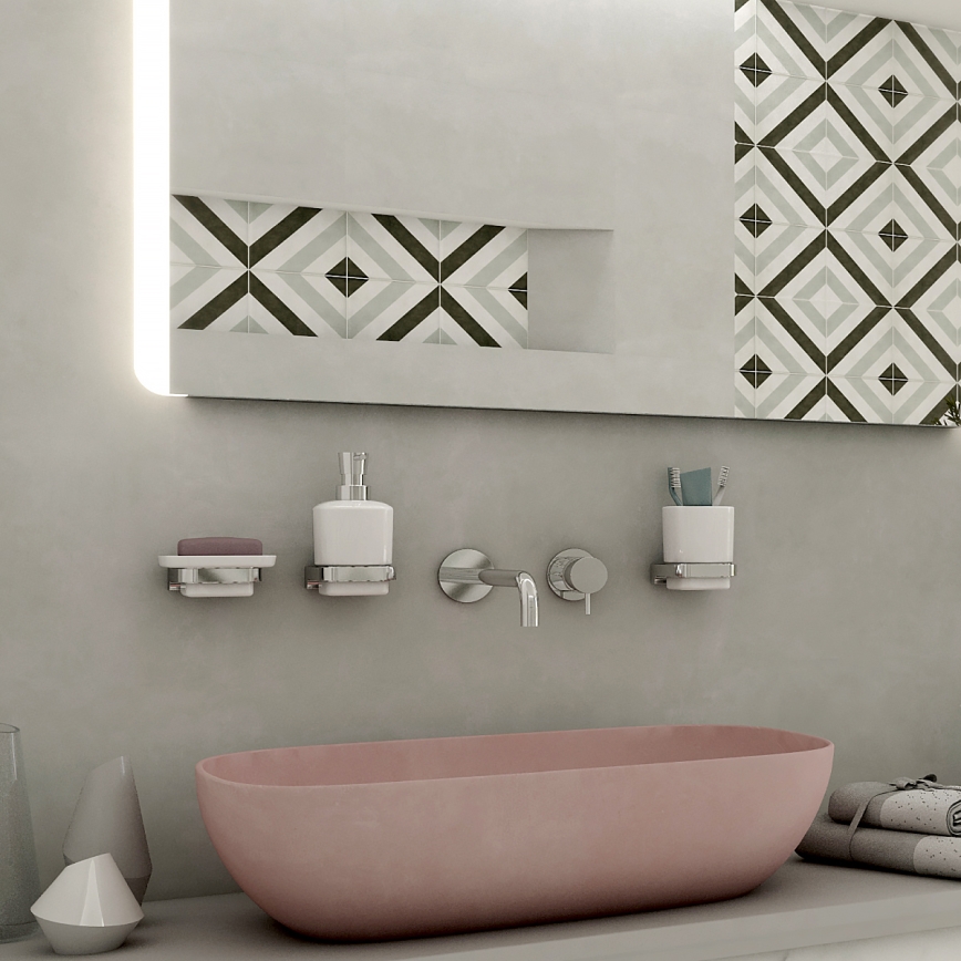 NIMCO MA setti-31K-26 - Seinään kiinnitettävä saippua-annostelija, hammasharjateline ja seinäkoukku MAYA 320 mm valkoinen/kiiltävä kromi