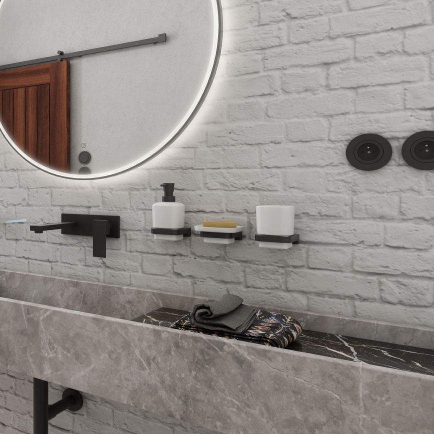 NIMCO MAC setti-31K-T-90 - Seinään kiinnitettävä saippua-annostelija, hammasharjateline ja seinäkoukku MAYA 320 mm valkoinen/matta musta