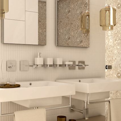 NIMCO NK setti-31K-26 - Seinään kiinnitettävä saippua-annostelija, hammasharjateline ja seinäkoukku NIKAU 320 mm valkoinen/kiiltävä kromi