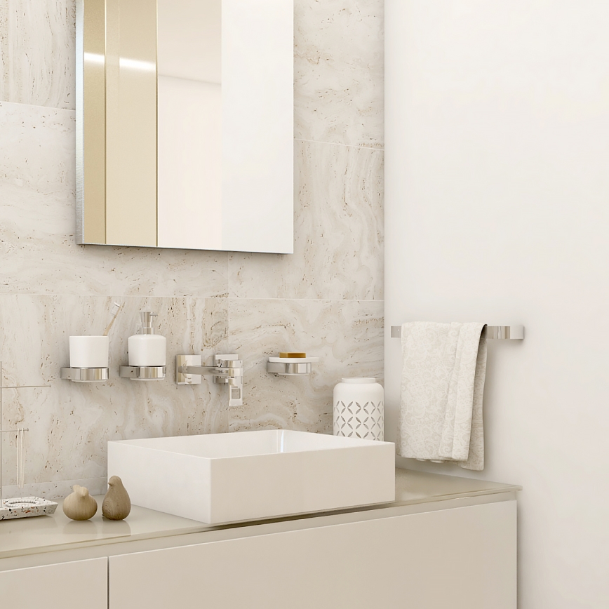 NIMCO NK setti-31K-26 - Seinään kiinnitettävä saippua-annostelija, hammasharjateline ja seinäkoukku NIKAU 320 mm valkoinen/kiiltävä kromi