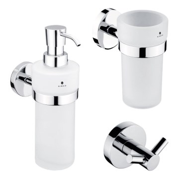 NIMCO UN setti-31W-26 - Seinään kiinnitettävä saippua-annostelija, hammasharjateline ja seinäkoukku UNIX 250 mm matta lasi/kiiltävä kromi