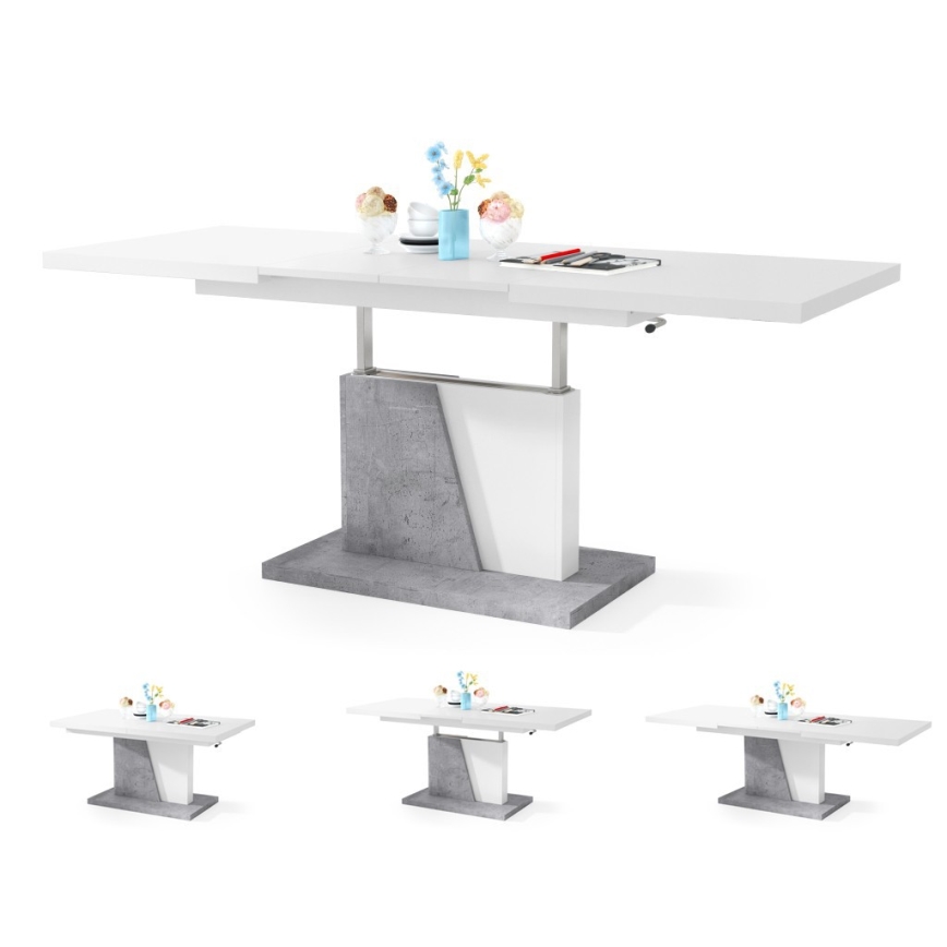 Laajennettava konferenssi-/ruokapöytä nostettavalla kannella NINO valkoinen/harmaa betoni