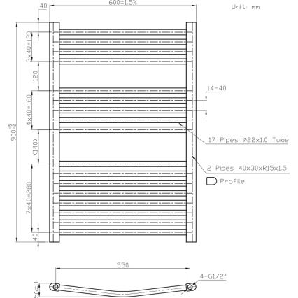 Novaservis - Kylpyhuoneen pyyhekuivain 478 W/230 V 90 x 60 cm, valkoinen, pyöristetty