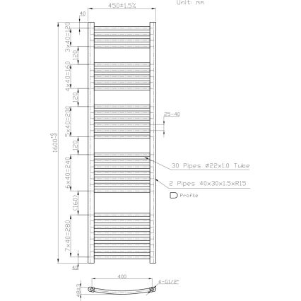 Novaservis - Kylpyhuoneen tikasmainen pyyhekuivain 648W/230V 160x45 cm valkoinen pyöristetty