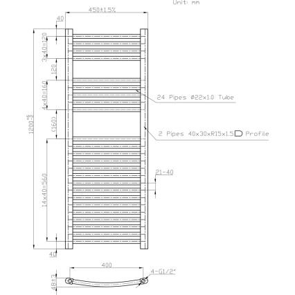 Novaservis - Kylpyhuoneen tikasradiatori 490W/230V 120x45 cm, valkoinen, pyöristetty