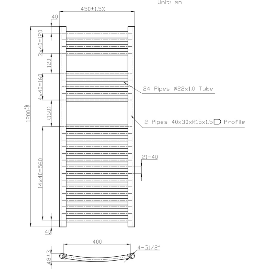 Novaservis - Kylpyhuoneen tikasradiatori 490W/230V 120x45 cm, valkoinen, pyöristetty