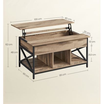 NYRO-nostettavalla kannella varustettu sohvapöytä, ruskea/musta