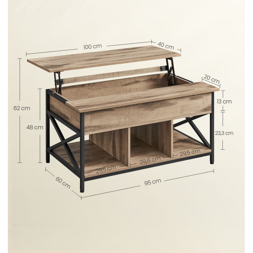 NYRO-nostettavalla kannella varustettu sohvapöytä, ruskea/musta
