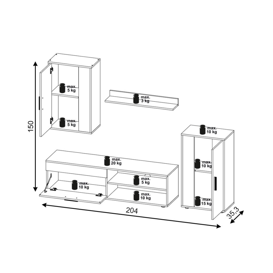 Olohuoneen kalusteseinä BRICK, sonoma-tammi/valkoinen