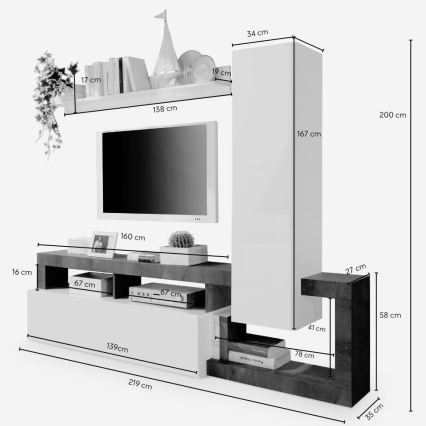 Olohuoneen seinäkalusto LENOR, valkoinen/harmaa betoni