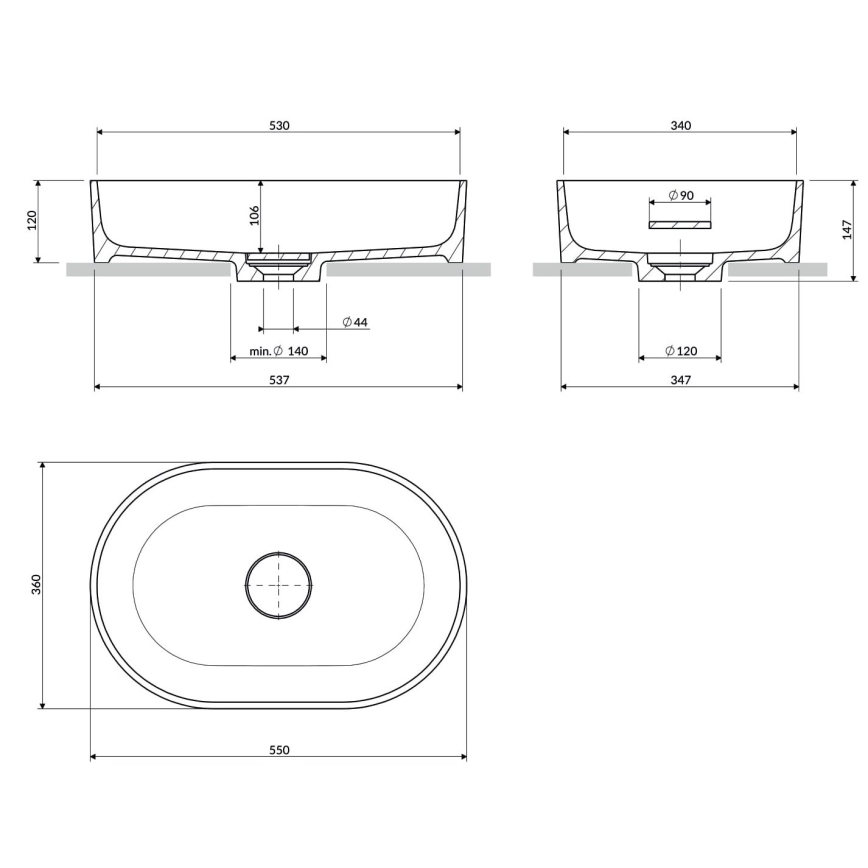 OMNIRES OVOUNAG - Tasolle asennettava pesuallas OVO 55x36 cm dolomiitti/matallinen tuhkanharmaa