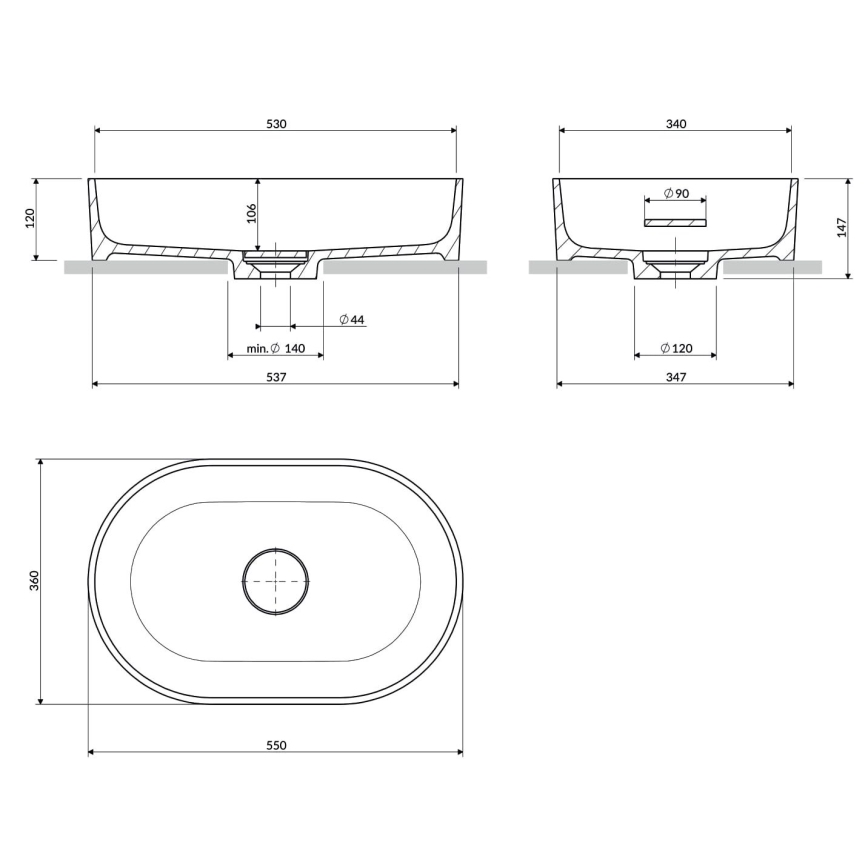 OMNIRES OVOUNBLV - Tasolle asennettava pesuallas OVO 55x36 cm dolomiitti/matamusta lava