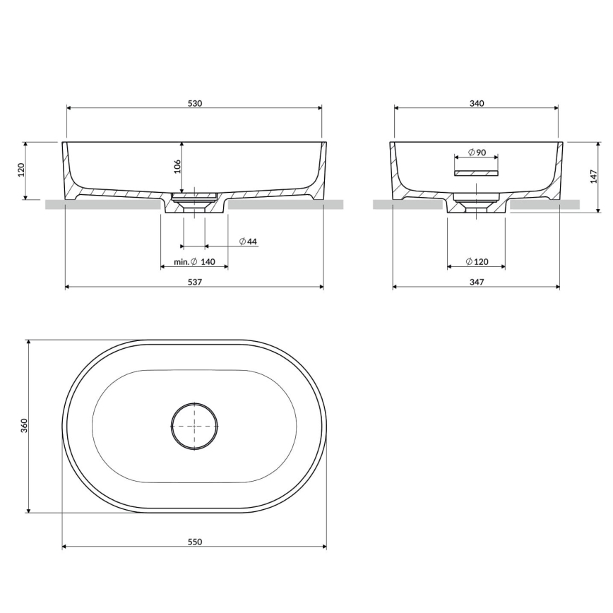 OMNIRES OVOUNBP - OVO-tasolle asennettava pesuallas 55x36 cm dolomiitti/kiiltävä valkoinen