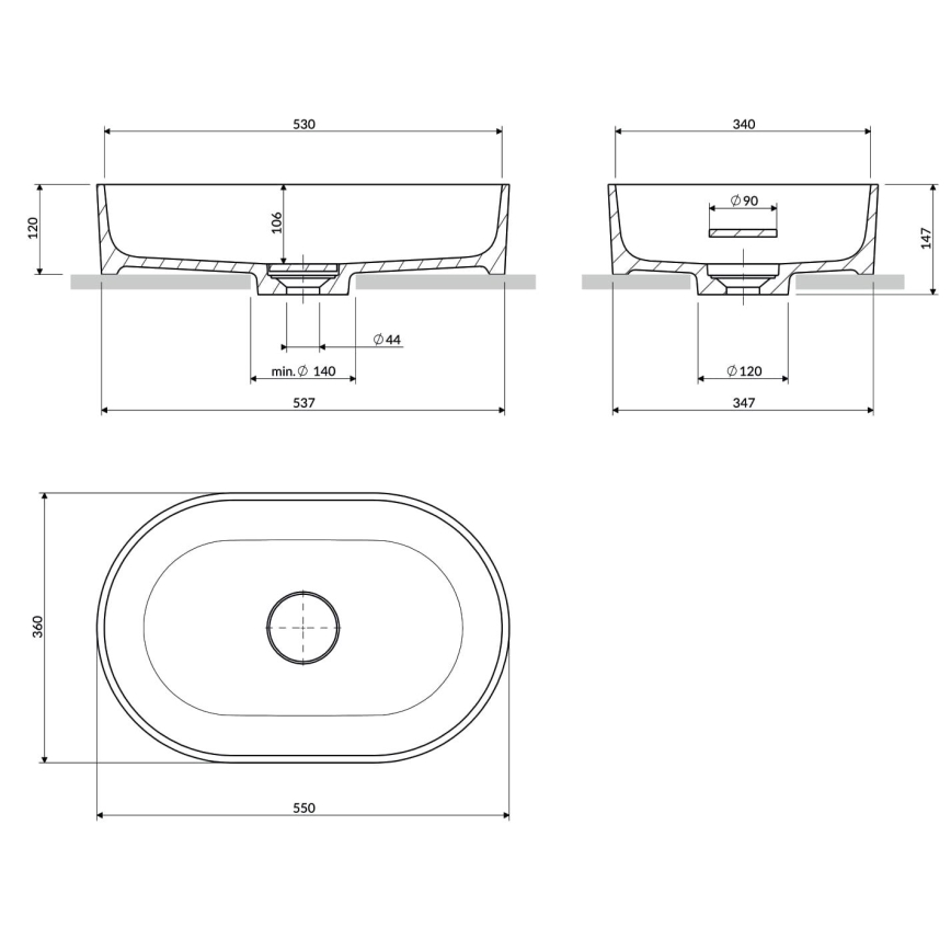 OMNIRES OVOUNMB - Pöytätasolle asennettava pesuallas OVO 55x36 cm dolomiitti/mattamusta sininen