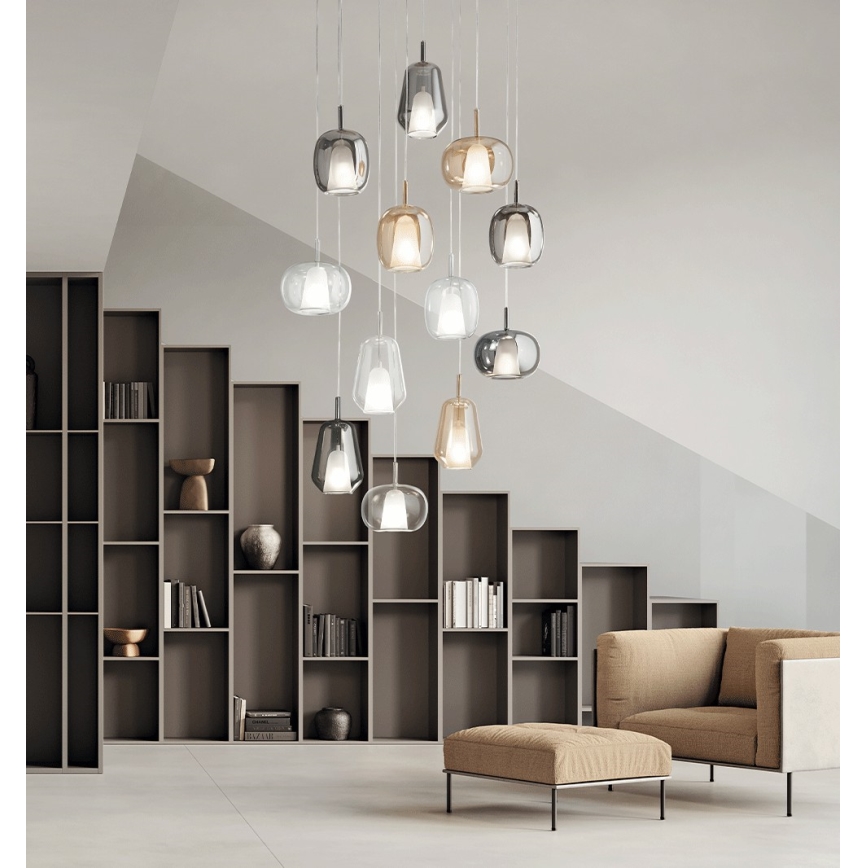 Ondaluce - THELMA-riippuvalaisin kaapelilla 1xE27/15W/230V, halkaisija 19,5 cm, kulta/savuinen beige
