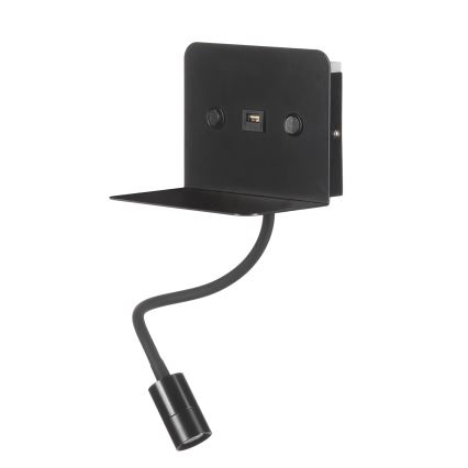 ONLI - LED Joustava pieni lamppu hyllyn kanssa ja USB lataus PLAK LED/1W/230V musta