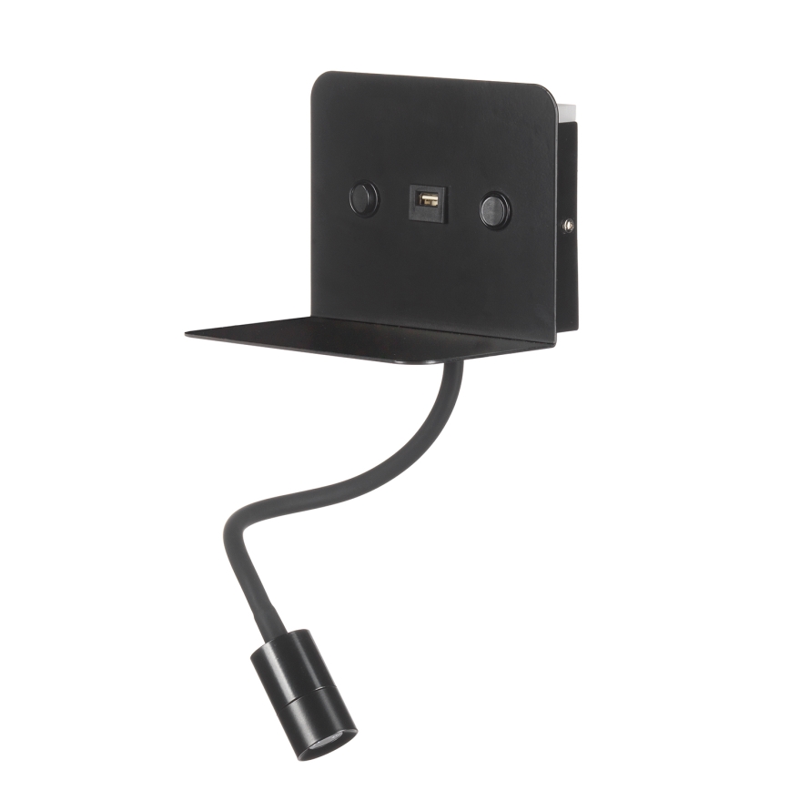 ONLI - LED Joustava pieni lamppu hyllyn kanssa ja USB lataus PLAK LED/1W/230V musta