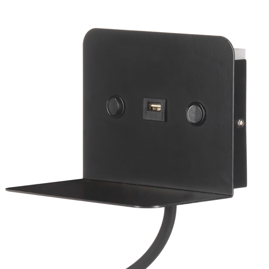 ONLI - LED Joustava pieni lamppu hyllyn kanssa ja USB lataus PLAK LED/1W/230V musta