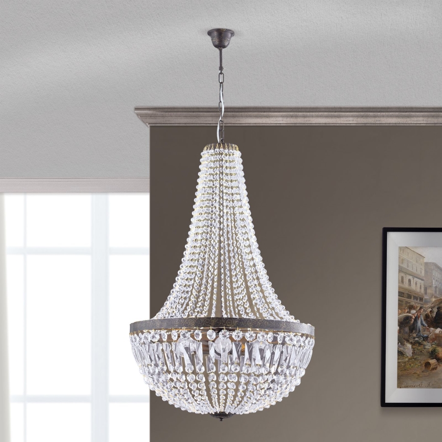 Kristalli-ketjukattokruunu ARILA 6xE27/60W/230V halkaisija 60 cm ruskea/patina