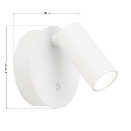LED-himmennettävä ladattava kosketusohjattu seinään asennettava kohdevalaisin LUXY LED/1W/5V 2200 mAh 2700/3000/4000K valkoinen