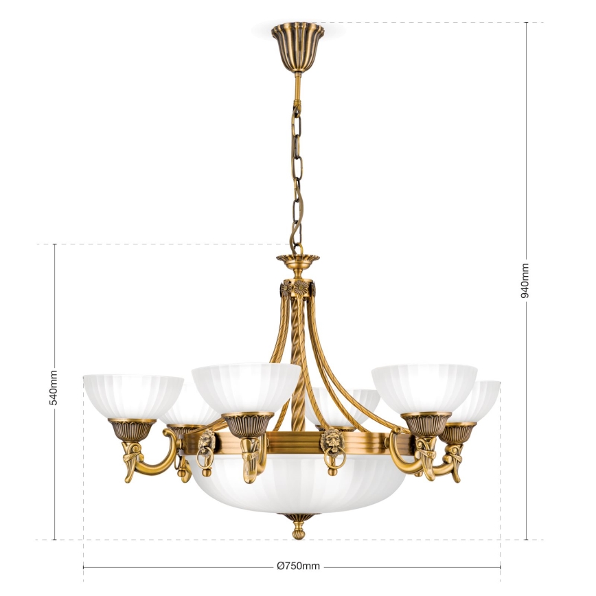 Kattokruunu ketjussa ROCCA 9xE27/60W/230V halkaisija 75 cm pronssi/valkoinen