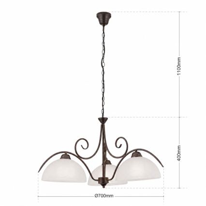 RULA-riippuvalaisin ketjulla 3xE27/40W/230V halkaisija 70 cm valkoinen/pronssi