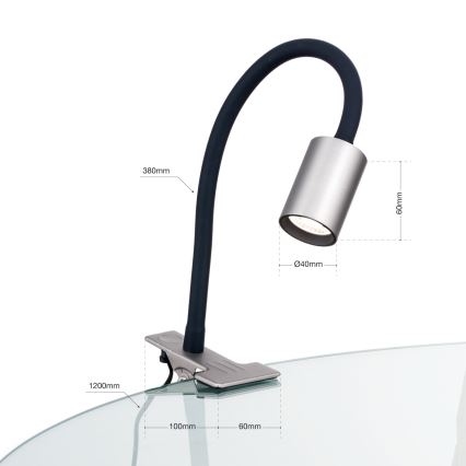 LED Joustava pöytävalaisin klipsillä KURT LED/5W/230V hopea