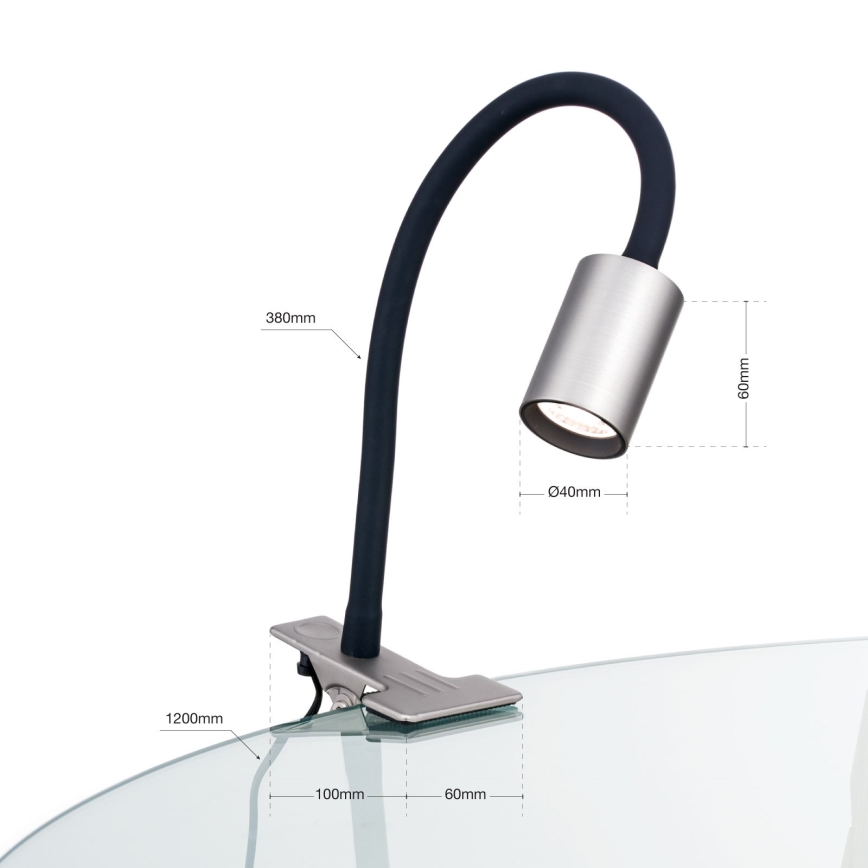 LED Joustava pöytävalaisin klipsillä KURT LED/5W/230V hopea