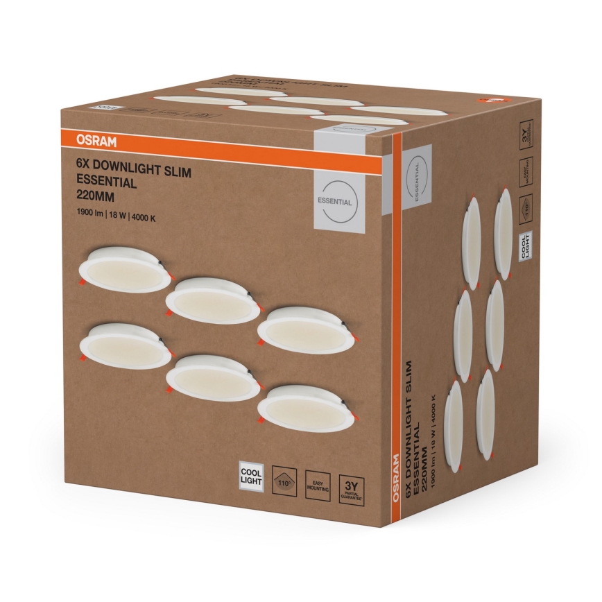 Osram - 6 kappaleen setti ESSENTIAL LED uppoasennettavia alasvaloja, 18 W/230 V, 4000 K, halkaisija 22 cm, valkoinen