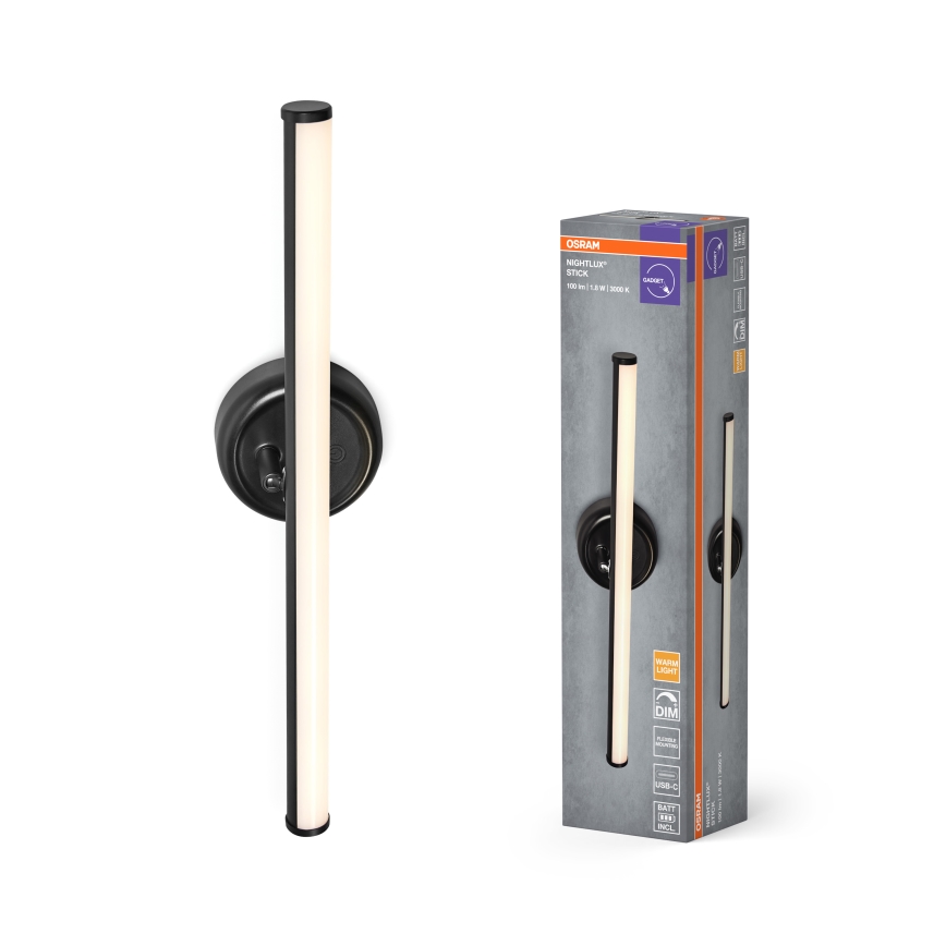 Osram - LED himmennettävä ladattava kosketusohjattu seinävalaisin NIGHTLUX LED/1,8W/5V musta