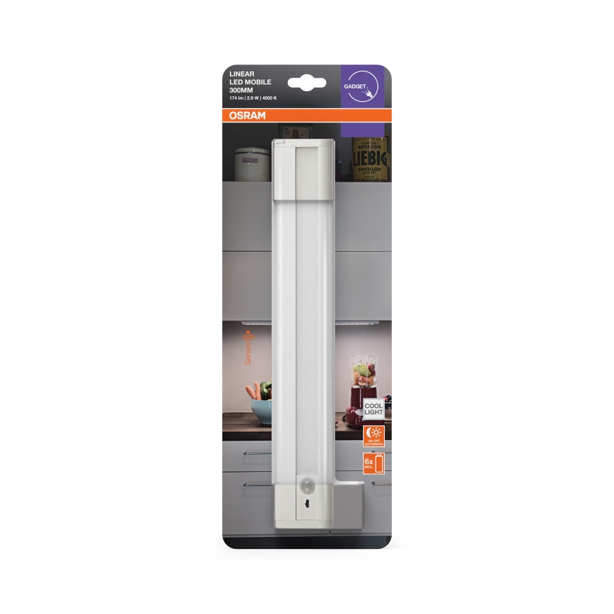 Osram - LINEARLED alakaapin LED-valaisin liike- ja hämärätunnistimella LED/2,9W/9V 6xAA 4000K 31,4 cm valkoinen