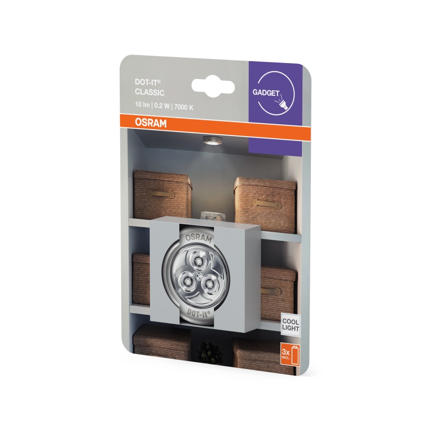 Osram - DOT-IT LED kosketusohjattu opastusvalo, 0,2 W, 3×AAA, halkaisija 6,8 cm, hopea