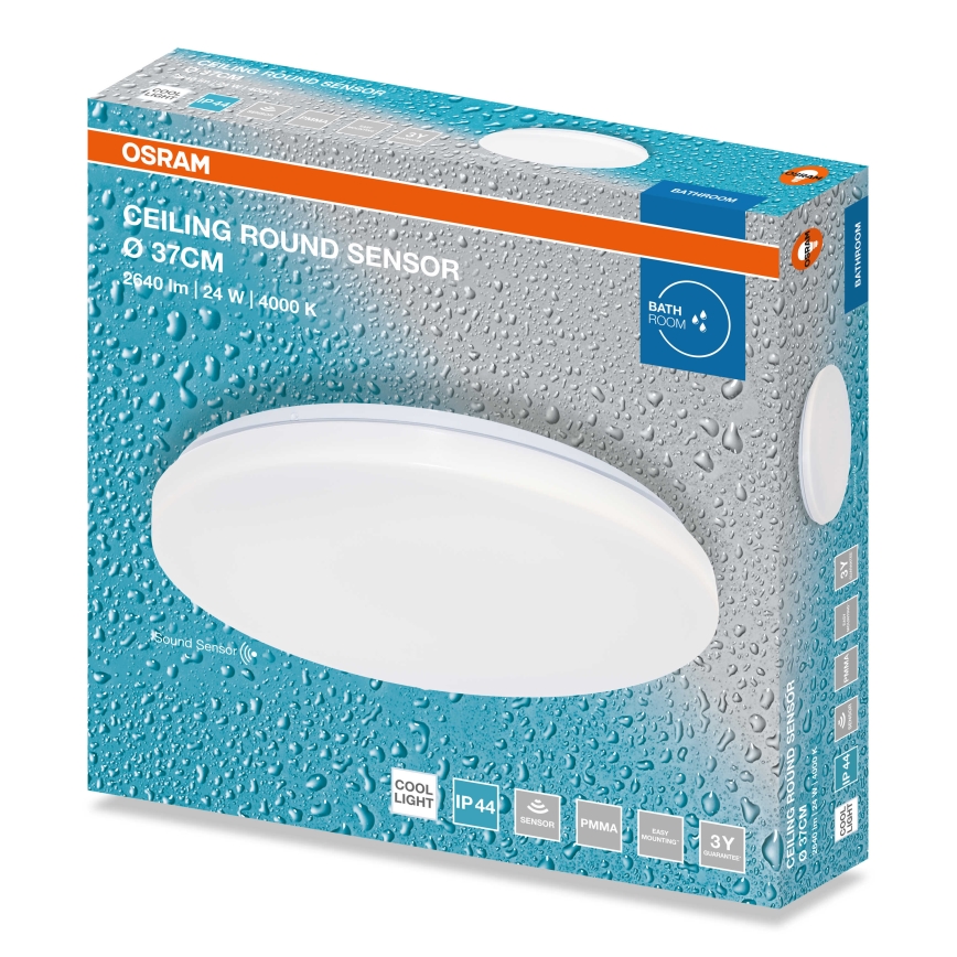 Osram - CEILING ROUND LED: kylpyhuoneen LED-kattovalaisin hämäräkytkimellä, 24 W / 230 V, 4000 K (neutraali valkoinen), halkaisija 37 cm, IP44, valkoinen