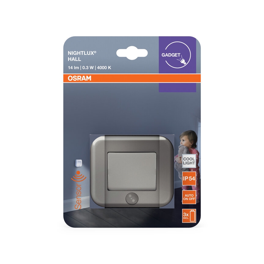 Osram - NIGHTLUX LED-opastevalo anturilla, 0,3 W, 3 x AAA, IP54, hopeanvärinen