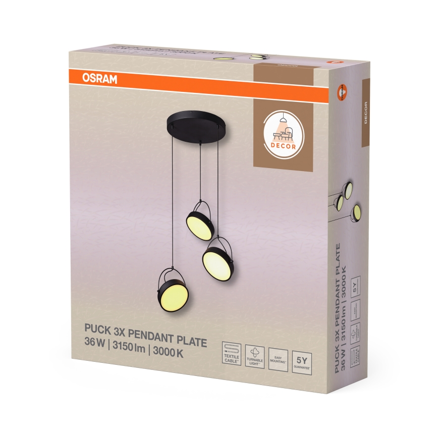 Osram - LED-riippuvalaisin vaijerilla DECOR PUCK 3xLED/12W/230V CRI 90 musta