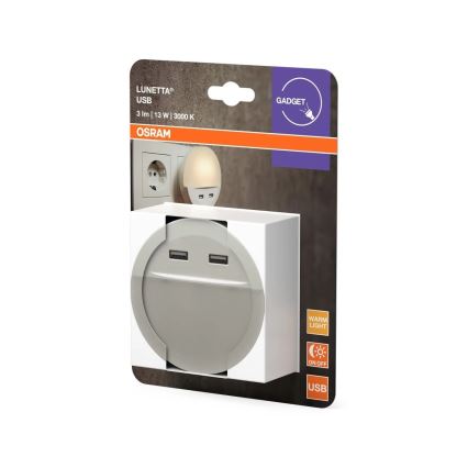 Osram - LED-yövalaisin pistorasiaan anturilla LUNETTA 2xUSB LED/13W/230V
