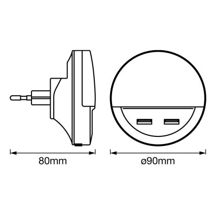 Osram - LED-yövalaisin pistorasiaan anturilla LUNETTA 2xUSB LED/13W/230V