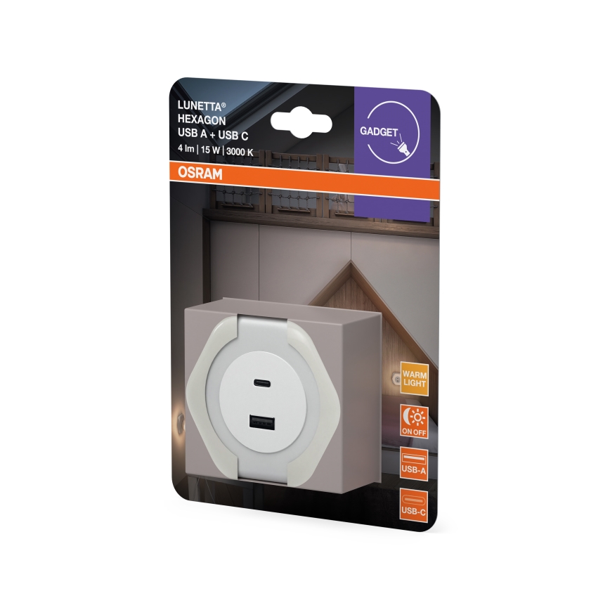 Osram - LED-opastevalaisin pistorasiaan USB-liitännällä LUNETTA LED/15W/230V valkoinen