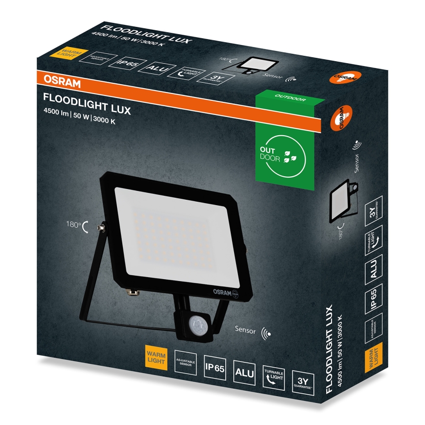 Osram - LED-valonheitin liike- ja hämäräanturilla FLOODLIGHT LED/50W/230V 3000K IP65 musta