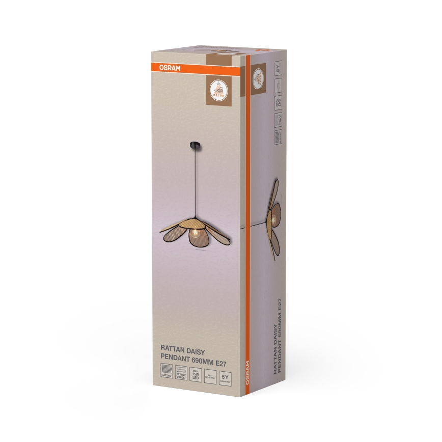 Osram - Riippuvalaisin johdolla DECOR RATTAN 1xE27/15W/230V, Ø 69 cm, beige/musta