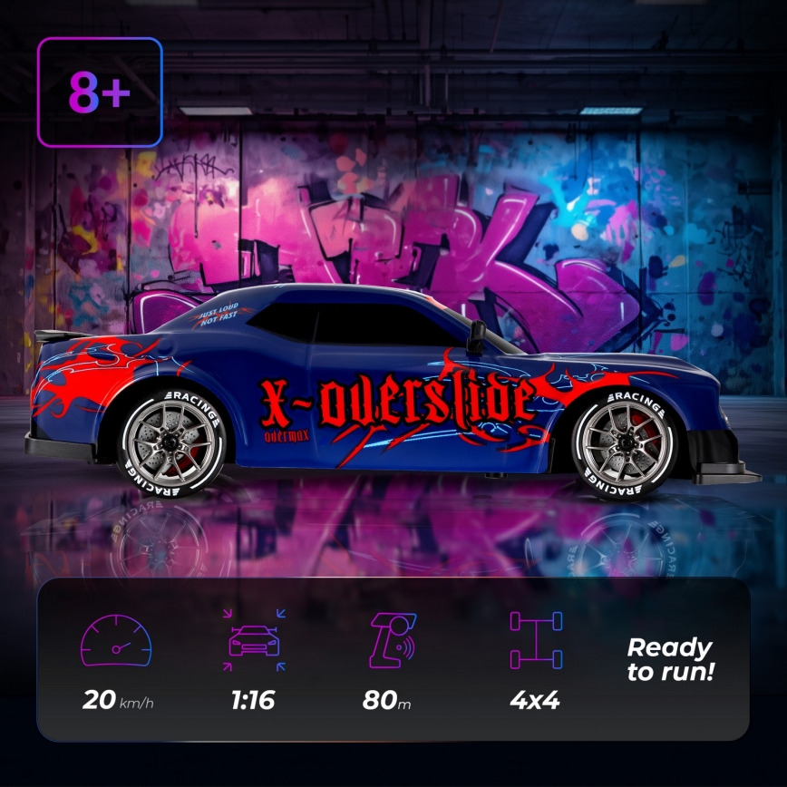 Overmax - kauko-ohjattava RC-drift-auto 2-in-1 X-OVERSLIDE 1000 mAh musta/vihreä/sininen/punainen