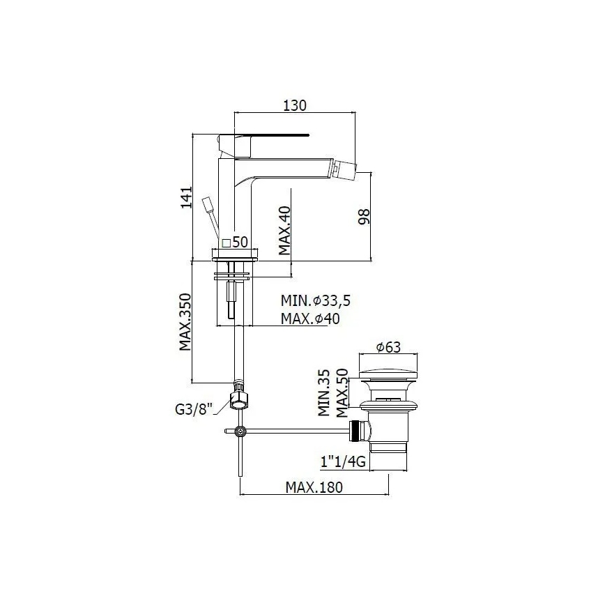 Paffoni - Bidehana + pohjaventtiili TANGO ruostumaton teräs