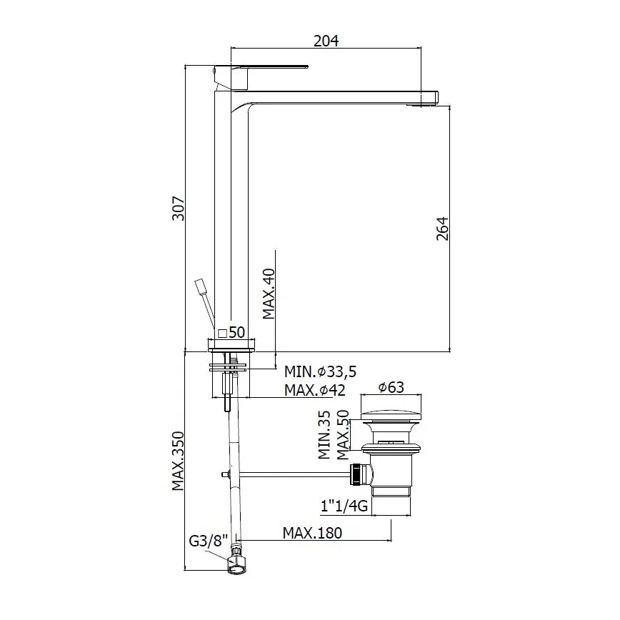 Paffoni - Pesuallashana + pohjaventtiili TANGO, ruostumaton teräs