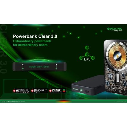 PATONA - Virtapankki 10000mAh Li-Pol-PD20W MagSafe USB-C ja Qi-lataus
